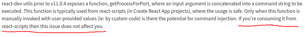 screenshot of vulnerability description showing that most users arent vulnerable because of react-scripts usage