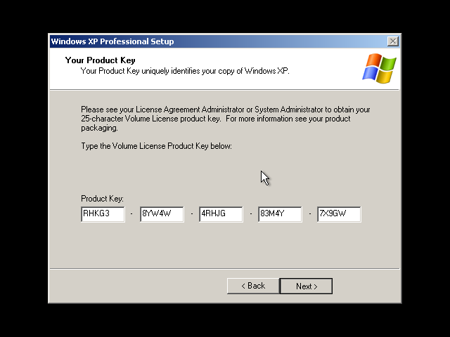Windows XP Installation Screenshot asking for a Product Key